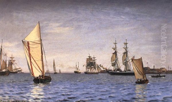 Marine Med Mange Skibe Ud For Trekroner Oil Painting by Christian Vigilius Blache