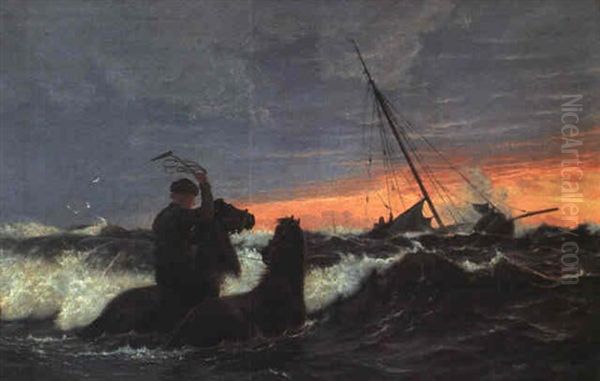 Soren Kanne Som Med Sine Heste Redder To Skibbrudne Oil Painting by Christian Vigilius Blache