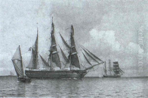 Marine Med Sejlskibe Oil Painting by Christian Vigilius Blache