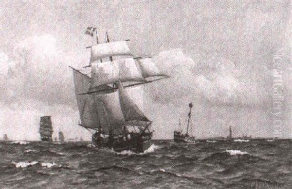 Marine, Sejlskibe Pa Havet, Den Ene Med Svenske Flag Oil Painting by Christian Vigilius Blache