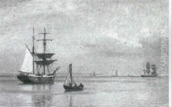 Marine Med Talrige Sejlskibe Udfor Hveen En Sommerdag Oil Painting by Christian Vigilius Blache