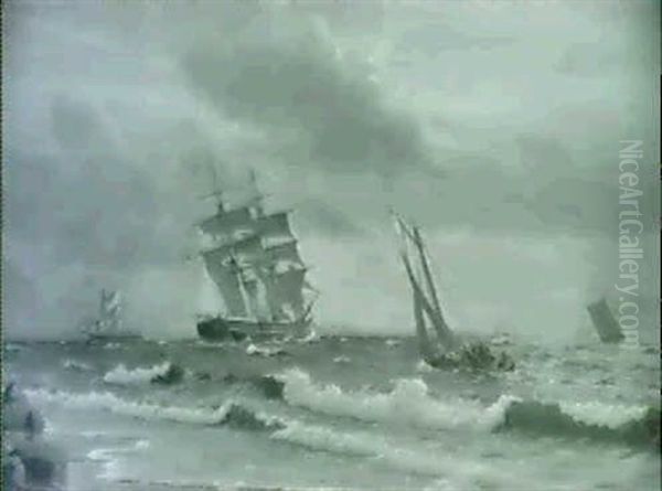 Marine Med Sejlskibe Ud For Kysten Oil Painting by Christian Vigilius Blache