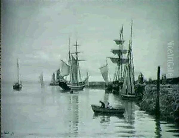 Havneparti Med Sejlskibe Og Robade Samt Mole Med Figurer Oil Painting by Christian Vigilius Blache