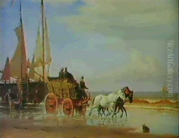 Hestekoretoj I Strandkanten, I Baggrunden Baeres Fangsten I Land Oil Painting by Christian Vigilius Blache