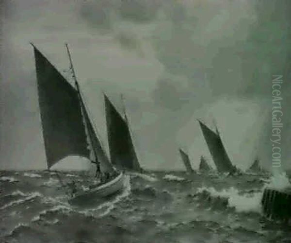 Marine Med Fiskerbade, Friskt Vejr Oil Painting by Christian Vigilius Blache