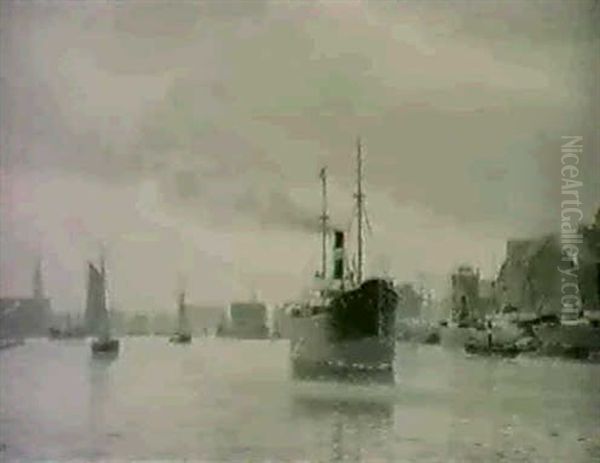 Hamnmotiv Med Lastfartyg -                                  Kopenhamn Oil Painting by Christian Vigilius Blache