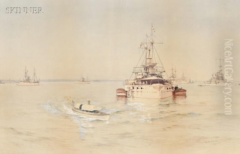 View Of A U.s. Navy Battle Fleet Oil Painting by Leon Alarac Shafer