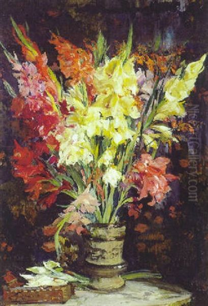 Vase De Glaieuls Sur Un Gueridon Oil Painting by Jacques-Emile Blanche