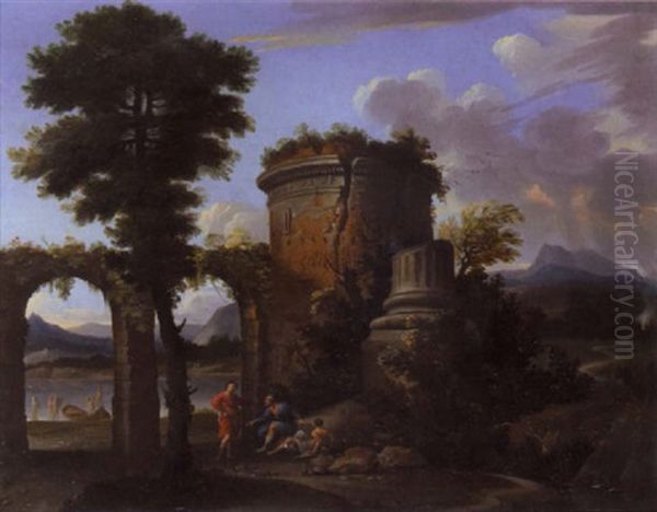 Classical Landscape With A Biblical Scene (the Calling Of The Disciples?), Before The Tomb Of Cecilia Metella Oil Painting by Thomas Blanchet