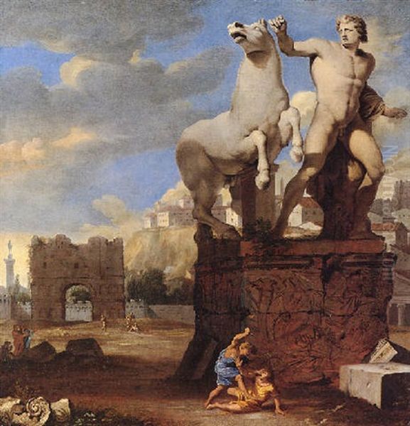 A Capriccio Of The Forum Romanum, With The Sculpture Groups Of Alexander, Bucephalus And Cain And Abel Oil Painting by Thomas Blanchet