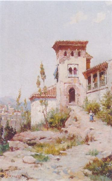 A Hilltown Near Granada Oil Painting by Rafael Blanco Merino