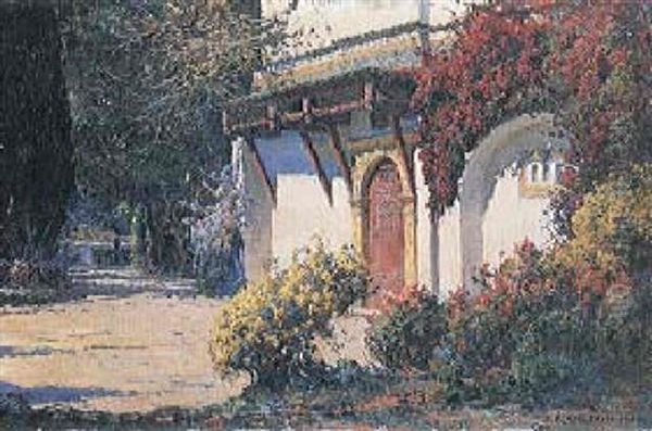 Sonnenbeschienenes Landhaus Mit Bluhenden Buschen Oil Painting by Jules Blancpain