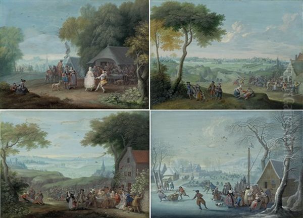 Four Rural Scenes With Figures Oil Painting by Jacques Willem Van Blarenberghe