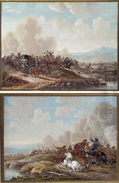 A Calvary Battle By A River, An Officer Fallen From His Horse Oil Painting by Louis Nicolas van Blarenberghe
