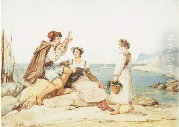 Un Musicien Et Deux Femmes Sur La Cote Napolitaine Oil Painting by Jean Alaux