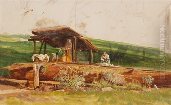 Wascherin Am Holzbrunnen Oil Painting by Tina Blau