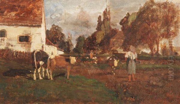 Vor Dem Bauernhof - Bauerin Mit Ihren Kuhen Oil Painting by Tina Blau