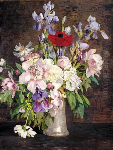 Stilleben Mit Schwertlilien, Pfingstrosen Und Mohnblume (still Life With Irises, Peonies And Poppy) Oil Painting by Tina Blau
