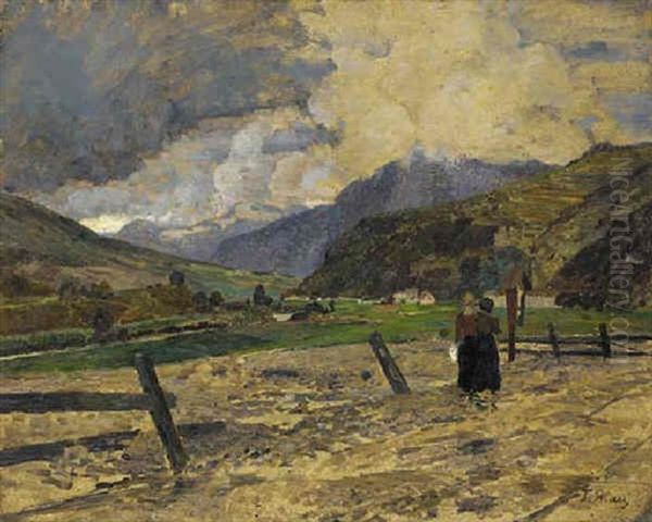 Peasant Women In An Alpine Pasture Oil Painting by Tina Blau