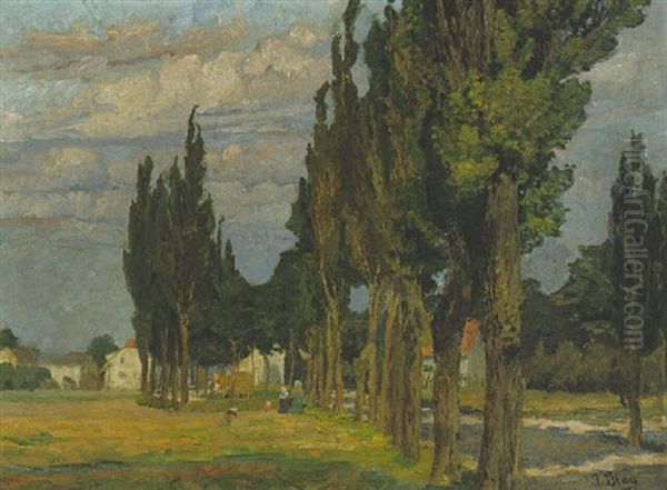 Pappelallee Vor Einem Dorf Oil Painting by Tina Blau