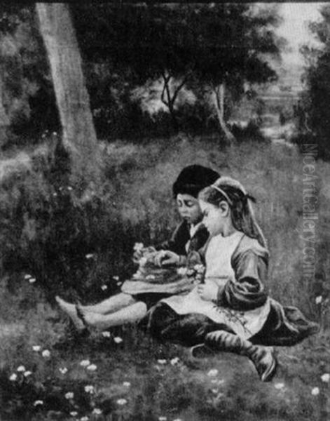 Children Picking Flowers Oil Painting by Charles F. Blauvelt