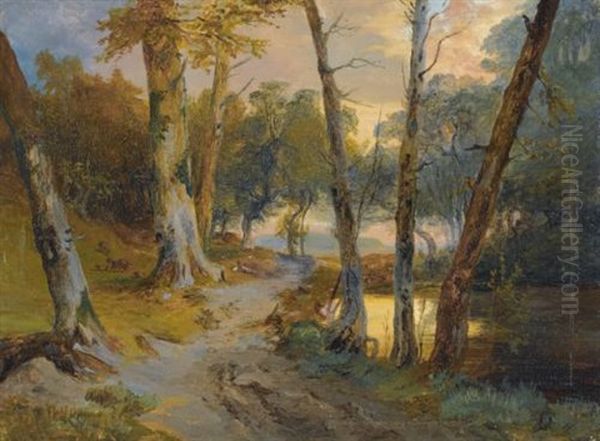 Wald Mit Kleinem Weiher (forest Interior With Pond) Oil Painting by Carl Blechen