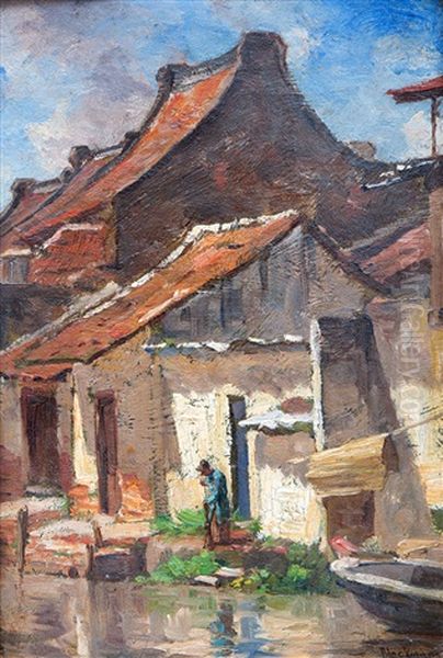 Houses Near The Canal, Possibly Pintu Kecil (pintoe Ketjil) In Batavia Oil Painting by Wilhelm Christiaan Constant Bleckmann
