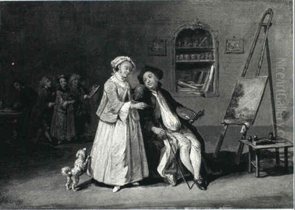 An Artist Seated Before An Easel In His Studio, His Wife    Looking On Oil Painting by J. G. Bleidorn