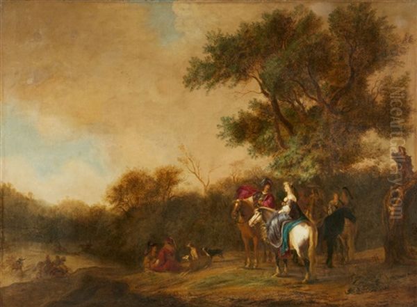 A Wooded Landscape With A Hunting Party Oil Painting by Gerrit Claesz Bleker