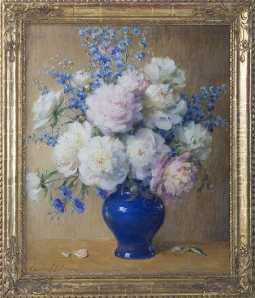 Still-life With Peonies, Delphinium And Asters In A Blue Vase Oil Painting by Carle John Blenner