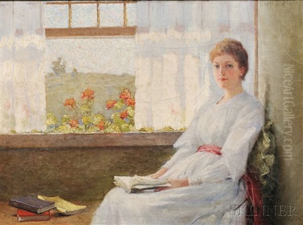 Lady In White Seated By A Window Oil Painting by Carle John Blenner
