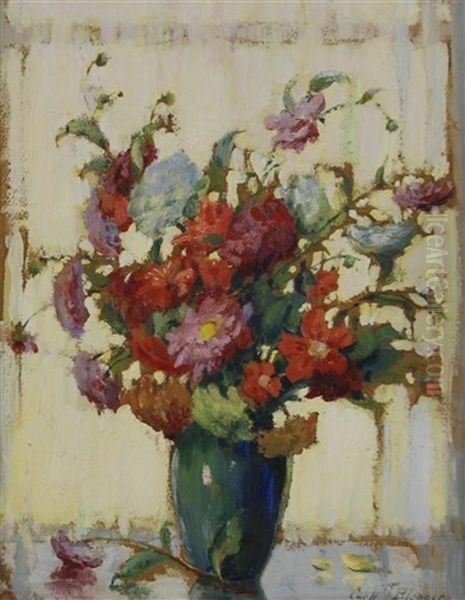 Dahlias At The Window Oil Painting by Carle John Blenner