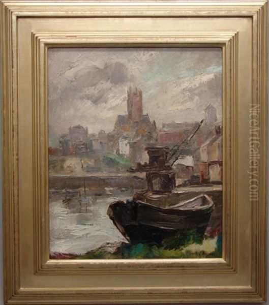 Tug Boat In The Harbor Oil Painting by Carle John Blenner