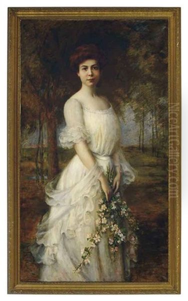 A Beauty Holding Spring Blossoms In A Landscape Oil Painting by Carle John Blenner