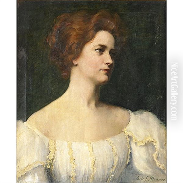Portrait Of A Woman In A White Dress Oil Painting by Carle John Blenner