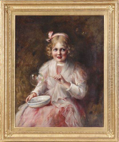 Young Girl Blowing Bubbles Oil Painting by Carle John Blenner