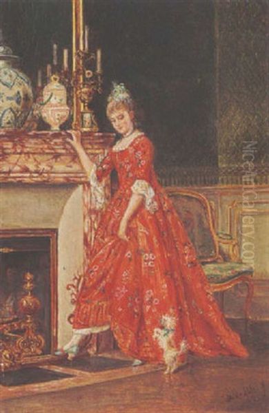 An Elegant Lady And Her Dog By A Fireplace Oil Painting by David Bles