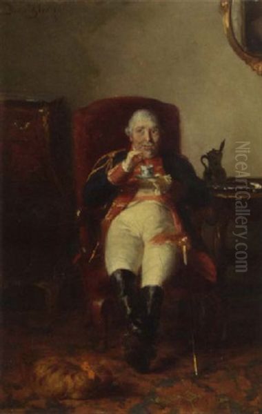 Twee Oranjeklanten: An Officer Drinking Hot Chocolate In An Interior Oil Painting by David Bles
