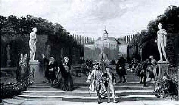 Elegant Company Promenading In The Garden Of A Palatial Mansion Oil Painting by David Bles