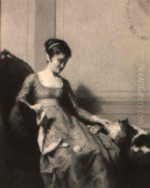 An Interior Scene With A Girl Seated On A Sofa With Pets Beside Her Oil Painting by David Bles