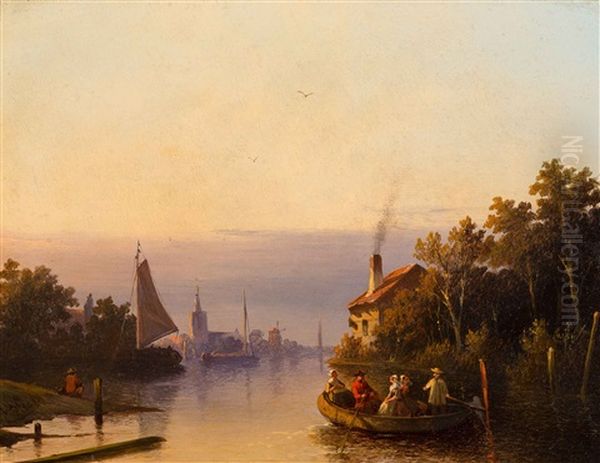Dutch River View With Figures In The Area Of Overschie Oil Painting by Joseph Bles