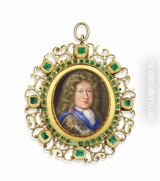 Frederick I (1657-1713), King In Prussia, In Gilt-edged Armour And Lace Jabot, Wearing A Blue Cloak, Held At The Shoulder With A Ruby Clasp Oil Painting by Samuel Blesendorf