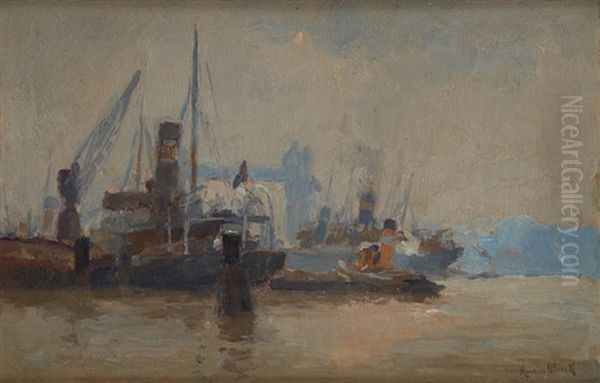 Cargo Et Remorqueur Pres Du Pont De Londres Oil Painting by Maurice Blieck