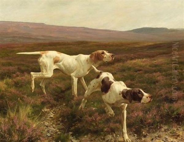 Two English Pointers In A Landscape Oil Painting by Thomas Blinks