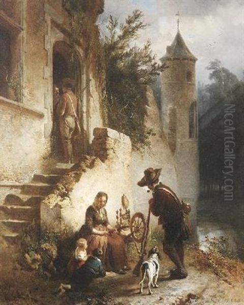 Genreszene Vor Einem Alten Wasserschloschen Oil Painting by Eugene Francois De Block