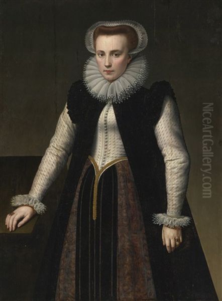 Portrait Of A Lady, Three Quarter Length, In A Ruff With Matching Lace Cap And Cuffs Oil Painting by Anthonie van (Montfort) Blocklandt