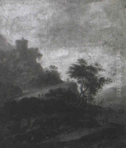 Figures Traversing A Winding Path Above A River Valley Oil Painting by Adrien Bloemaert