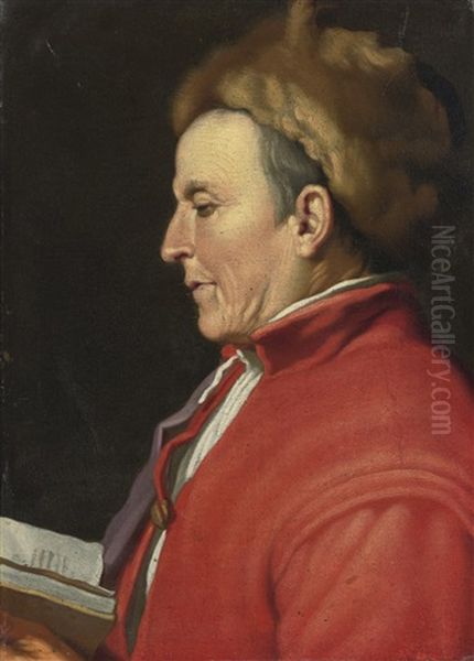 Profile Of A Man In A Fur Hat, Reading Oil Painting by Hendrick Bloemaert