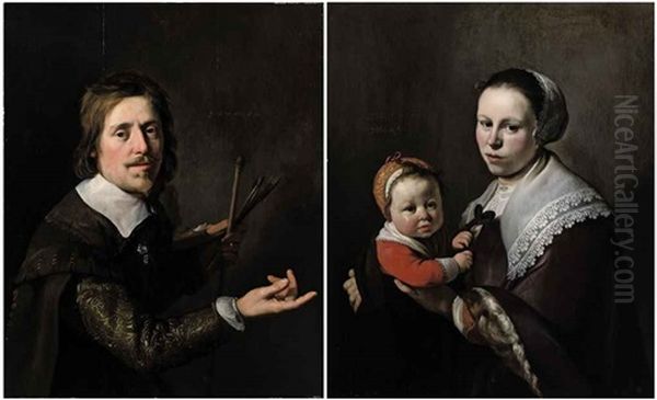Portrait Of Gijsbert Gillisz. De Hondecoutre Holding A Palette And Brushes (+ Portrait Of His Wife Maria Hulstman Holding A Child; Pair) Oil Painting by Hendrick Bloemaert