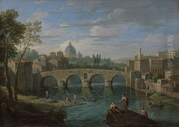 Vue Du Ponte Molle Pres De Rome Et Vue Du Ponte Sisto, Rome Oil Painting by Jan Frans van Bloemen